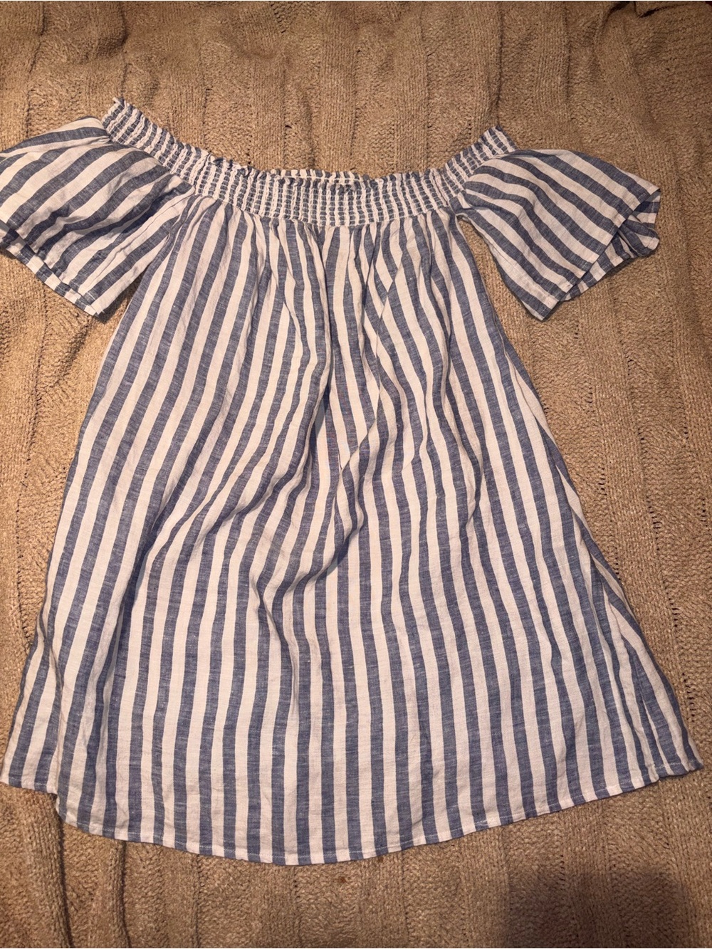 Cynthia Rowley 100% Linen Blue White Striped Off Shoulder Dress Size Small